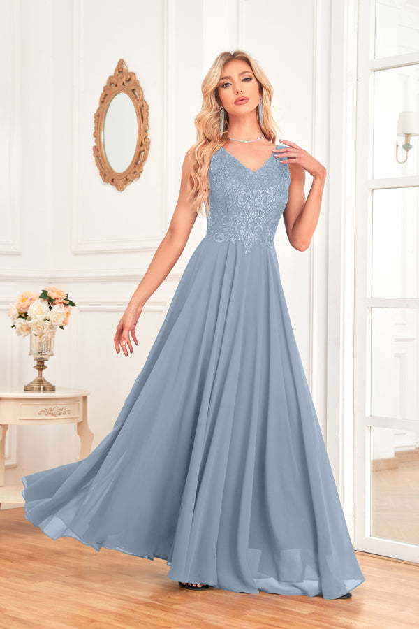 Sleeveless A-Line Floor Length Chiffon Lace V-Neck Bridesmaid Dress