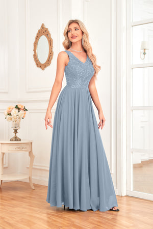Sleeveless A-Line Floor Length Chiffon Lace V-Neck Bridesmaid Dress