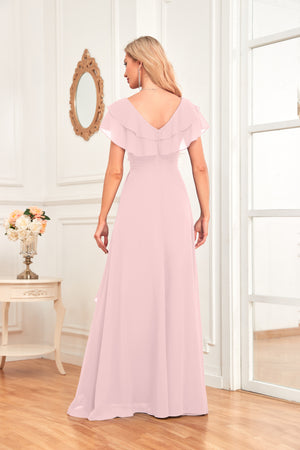 A-line V-Neck Floor-Length Chiffon Dress With Ruffle