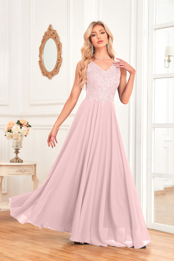 Sleeveless A-Line Floor Length Chiffon Lace V-Neck Bridesmaid Dress