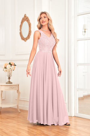 Sleeveless A-Line Floor Length Chiffon Lace V-Neck Bridesmaid Dress