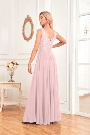 Sleeveless A-Line Floor Length Chiffon Lace V-Neck Bridesmaid Dress