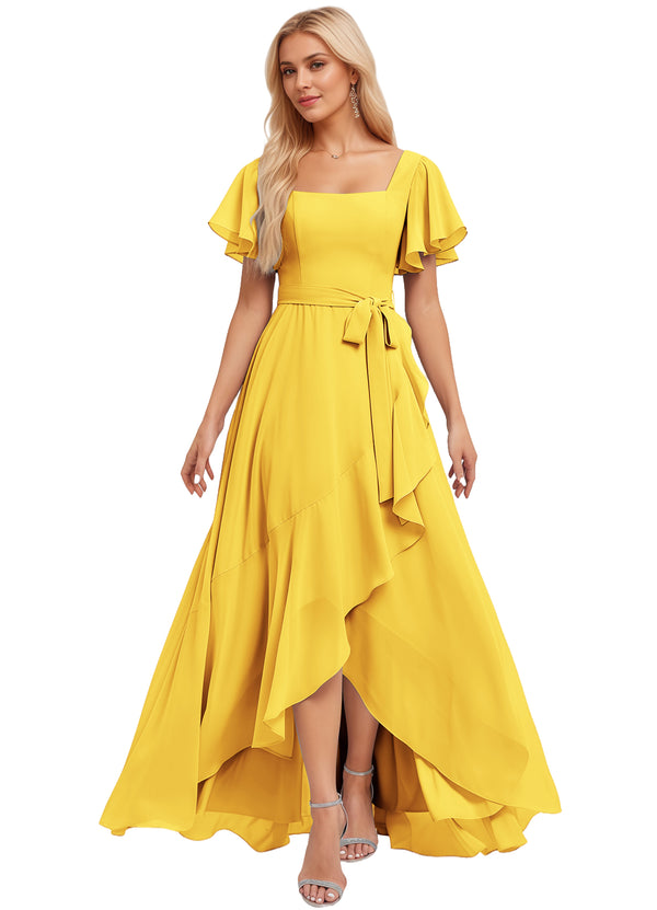 A-line Square-Neck Floor-Length Chiffon Bridesmaid Dress With Ruffle