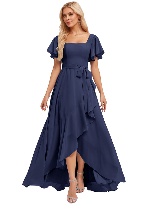 A-line Square-Neck Floor-Length Chiffon Bridesmaid Dress With Ruffle