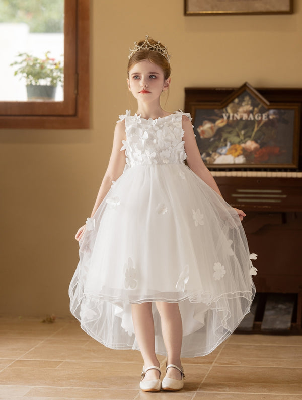 Ball-Gown/Princess V-Neck Asymmetrical Tulle Flower Girl Dress With Beading/3D Floral/Bow