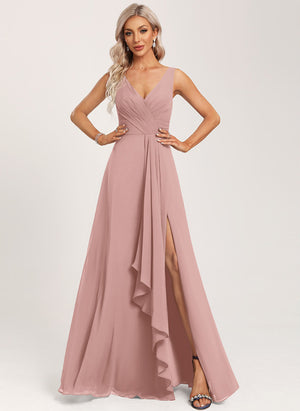 A-line V-Neck Floor-Length Chiffon Bridesmaid Dress with Ruffle