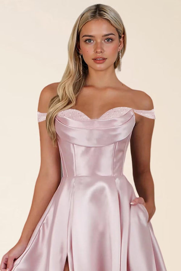 A-line Off the Shoulder Floor-Length Satin Prom Dresses
