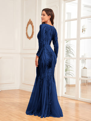 Scoop Sequin Tulle Mermaid/Trumpet Long Sleevess Sweep Train Empire Waist Prom Dress