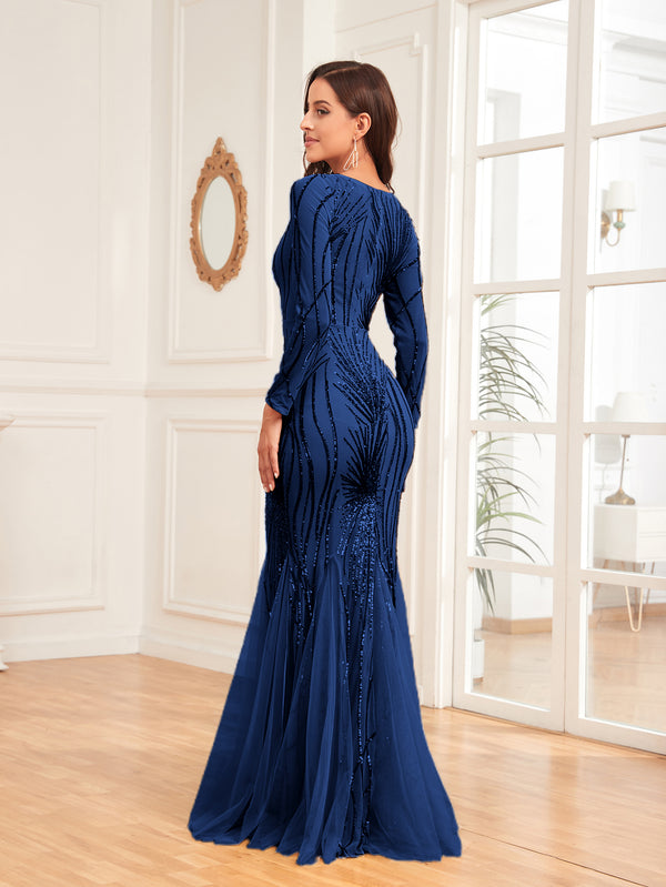 Scoop Sequin Tulle Mermaid/Trumpet Long Sleevess Sweep Train Empire Waist Prom Dress