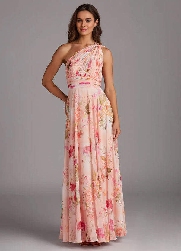 A-line One Shoulder Floor-Length Chiffon Bridesmaid Dress With Slit