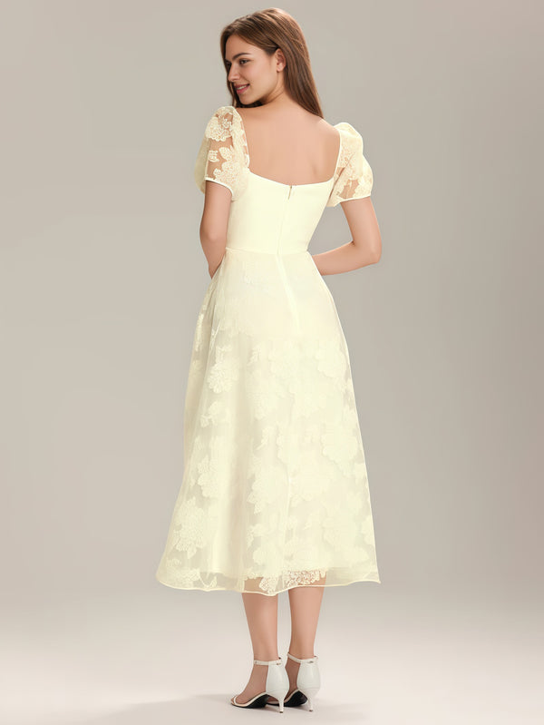 Square Puff Sleeve A-line Chiffon Jacquard Midi Dress