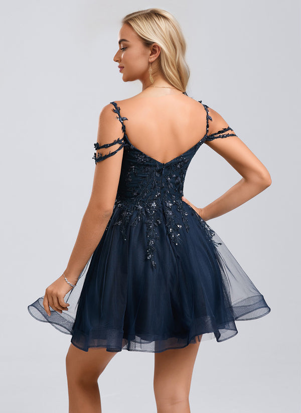 A-line Sweetheart Short Tulle Lace Homecoming Dress With Sequins