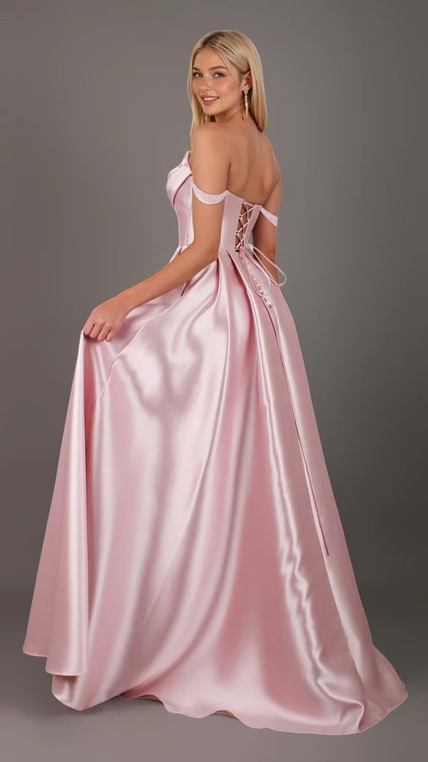 A-line Off the Shoulder Floor-Length Satin Prom Dresses