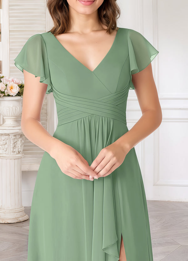 A-line V-Neck Floor-Length Chiffon Bridesmaid Dress With Ruffle