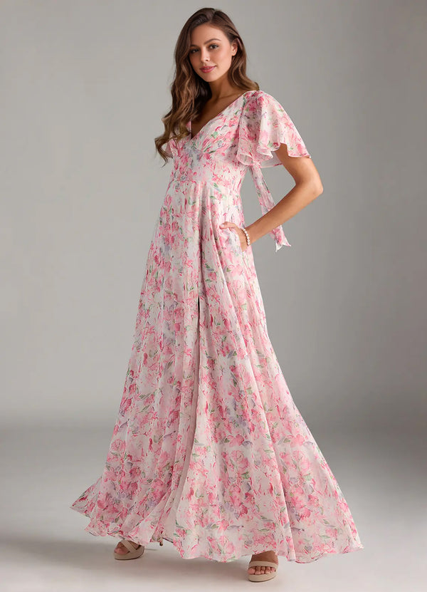 A-line V-Neck Floor-Length Chiffon Floral Bridesmaid Dress