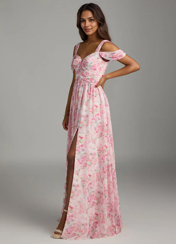 A-line Cold Shoulder Floor-Length Chiffon Bridesmaid Dress With Slit