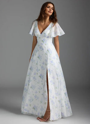 A-line V-Neck Floor-Length Chiffon Floral Bridesmaid Dress