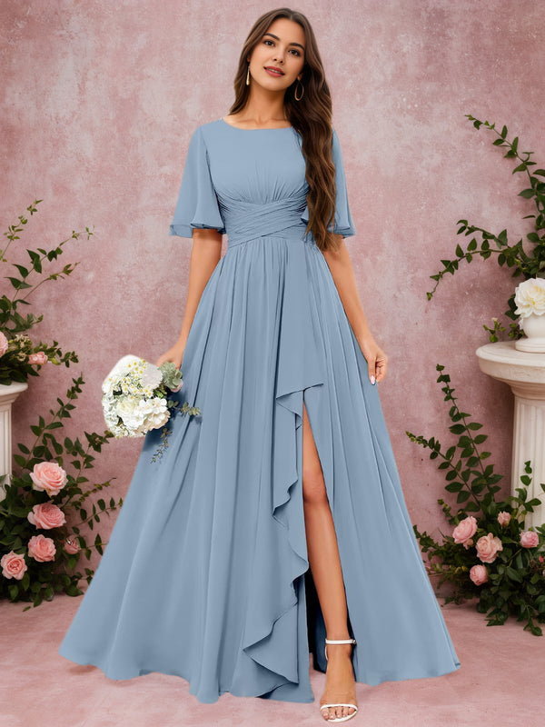 A-line Scoop Floor-Length Chiffon Bridesmaid Dress With Slit