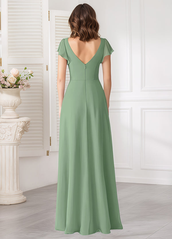 A-line V-Neck Floor-Length Chiffon Bridesmaid Dress With Ruffle