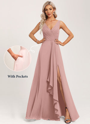 A-line V-Neck Floor-Length Chiffon Bridesmaid Dress with Ruffle