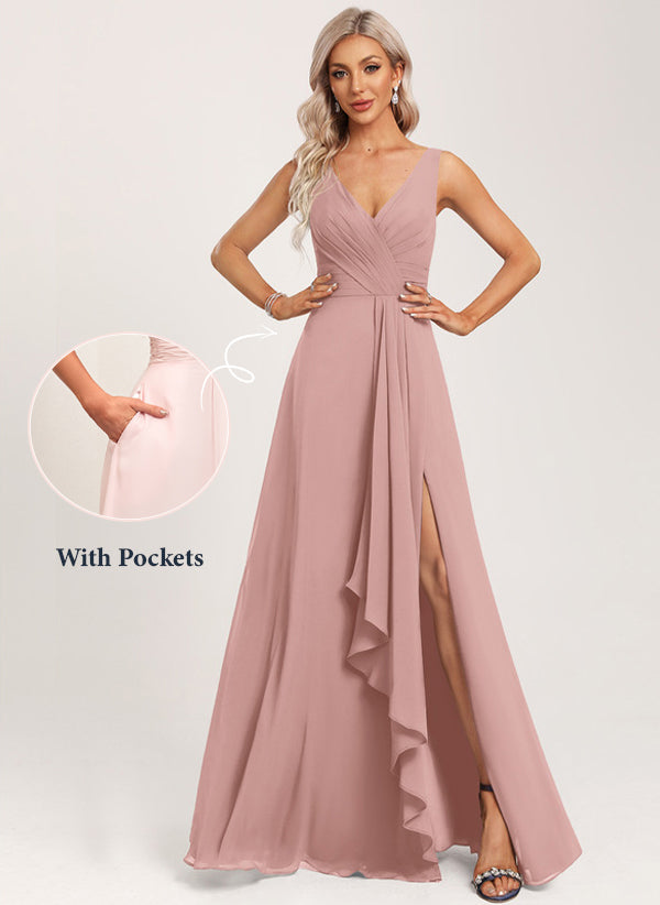 A-line V-Neck Floor-Length Chiffon Bridesmaid Dress with Ruffle