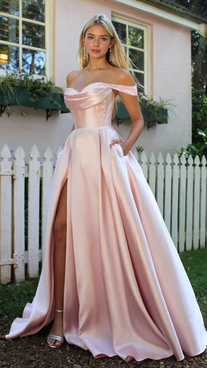 A-line Off the Shoulder Floor-Length Satin Prom Dresses
