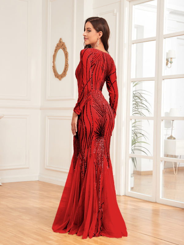 Scoop Sequin Tulle Mermaid/Trumpet Long Sleevess Sweep Train Empire Waist Prom Dress