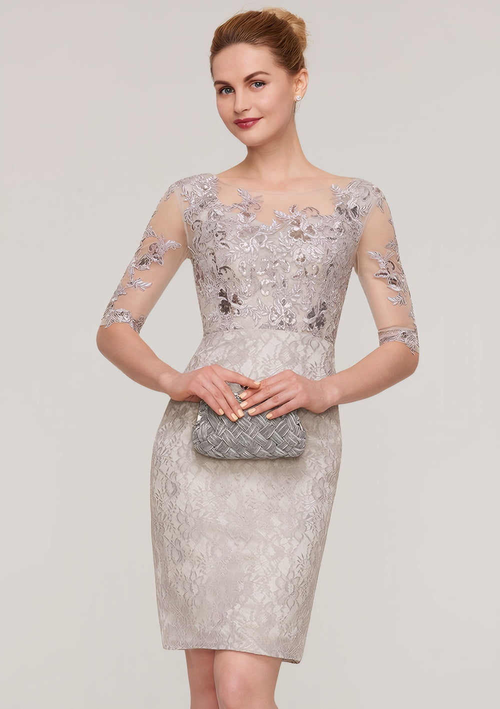 Sheath/Column Bateau Half Sleeve Knee-Length Lace Mother of the Bride Dress With Sequins Appliqued