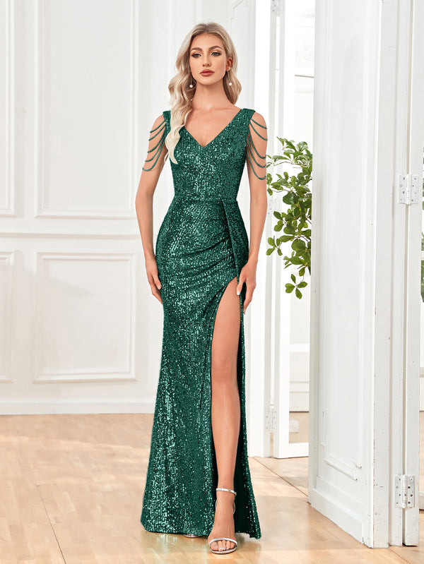 Mermaid/Trumpet Sequin V-Neck Sleeveless Floor Length Prom/Evening Dress with Silt