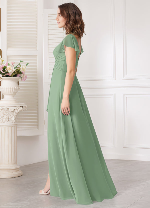 A-line V-Neck Floor-Length Chiffon Bridesmaid Dress With Ruffle