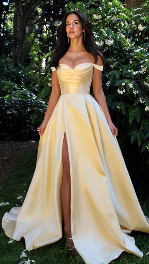 A-line Off the Shoulder Floor-Length Satin Prom Dresses