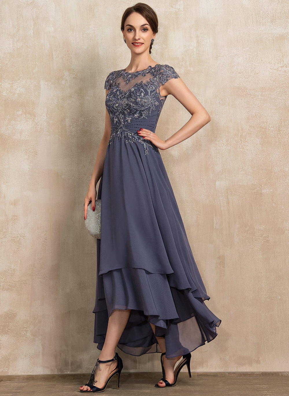 A-line Scoop Illusion Asymmetrical Chiffon Lace Mother of the Bride Dress With Beading