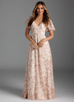 A-line V-Neck Floor-Length Chiffon Floral Bridesmaid Dress