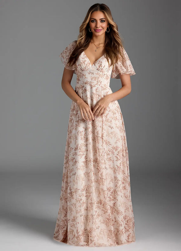 A-line V-Neck Floor-Length Chiffon Floral Bridesmaid Dress