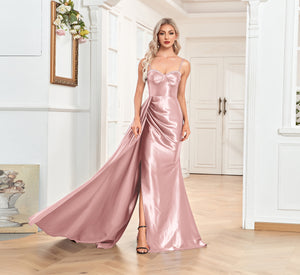Trumpet/Mermaid Sweetheart Neck Spaghetti Straps Sweep Train Satin Prom Dresses With Silt