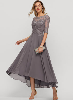 A-line Illusion Boat Neck Asymmetrical Chiffon Lace Mother of the Bride Dress With Sequins Beading