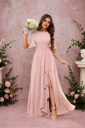 A-line Scoop Floor-Length Chiffon Bridesmaid Dress With Slit