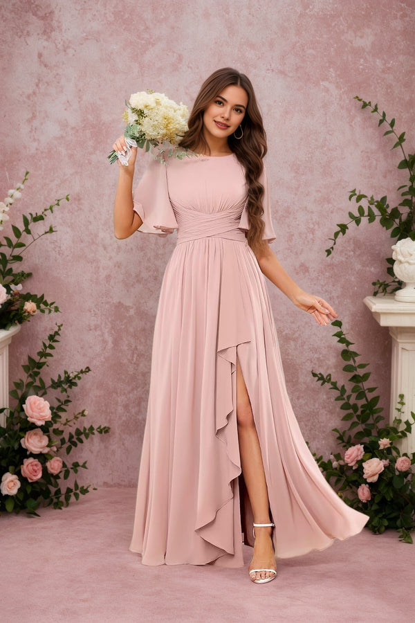 A-line Scoop Floor-Length Chiffon Bridesmaid Dress With Slit