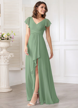 A-line V-Neck Floor-Length Chiffon Bridesmaid Dress With Ruffle