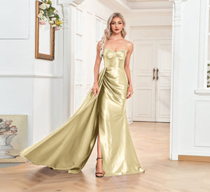 Trumpet/Mermaid Sweetheart Neck Spaghetti Straps Sweep Train Satin Prom Dresses With Silt