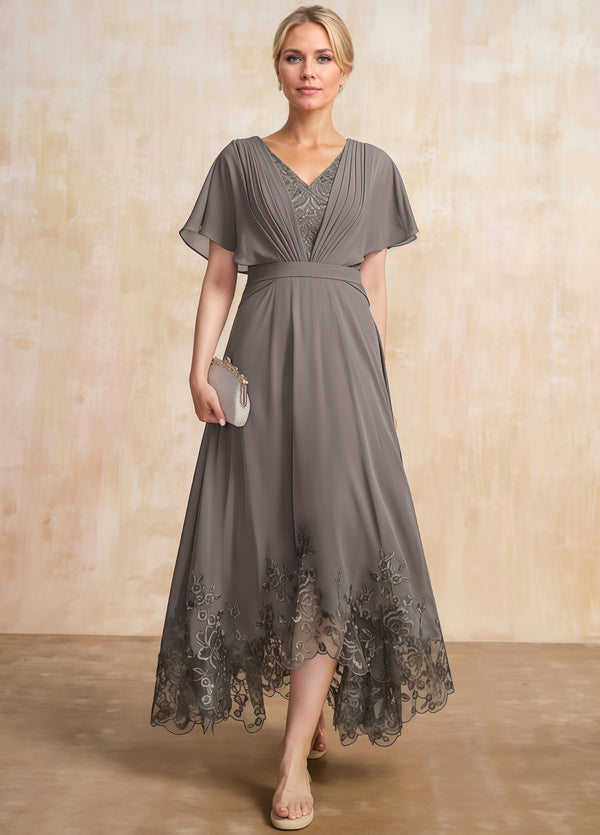 A-line Scoop Illusion Ankle-Length Lace Chiffon Mother of the Bride Dress With Sequins