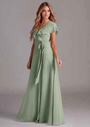 A-line V-Neck Floor-Length Chiffon Bridesmaid Dress With Ruffle