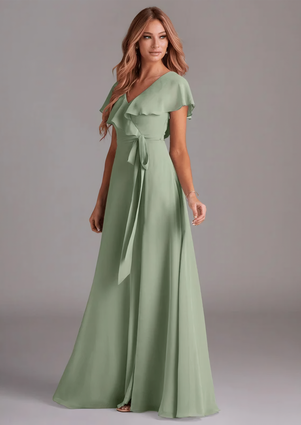 A-line V-Neck Floor-Length Chiffon Bridesmaid Dress With Ruffle