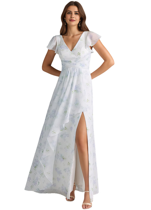 A-line V-Neck Floor-Length Chiffon Bridesmaid Dress With Ruffle