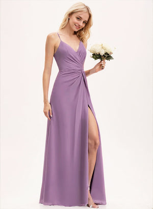 A-line V-Neck Floor-Length Chiffon Bridesmaid Dress With Ruffle