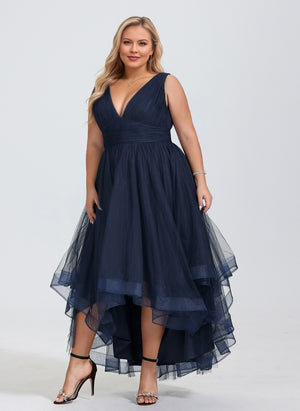 A-line V-Neck Asymmetrical Tulle Cocktail Dress With Cascading Ruffles Pleated