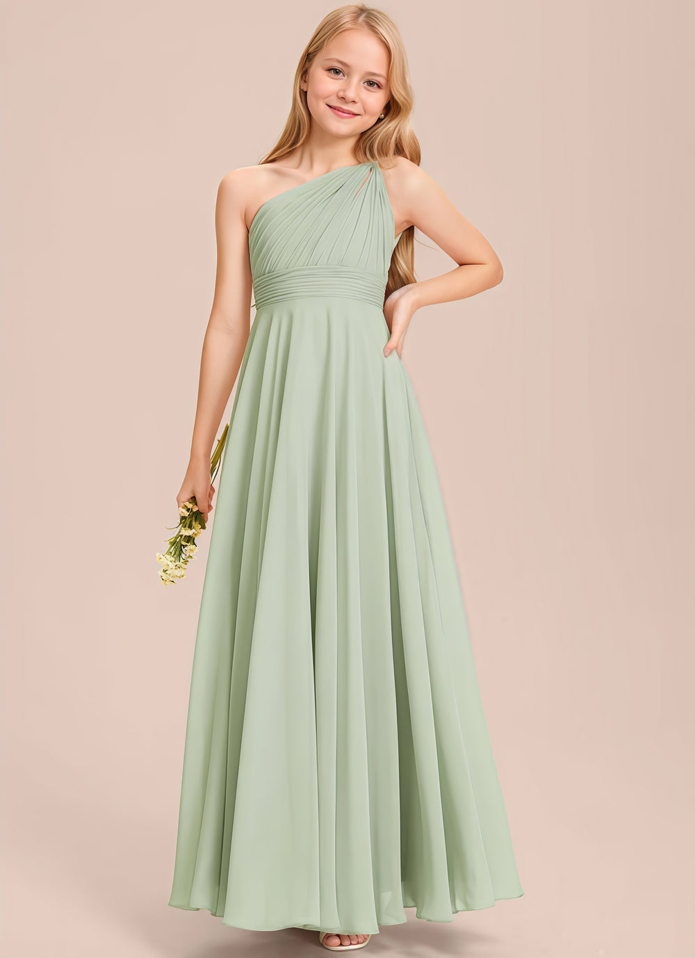 A-line One Shoulder Floor-Length Chiffon Junior Bridesmaid Dress