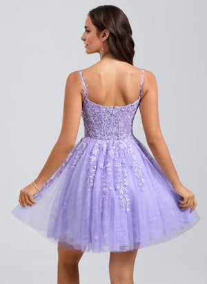 A-line V-Neck Short Tulle Lace Homecoming Dress