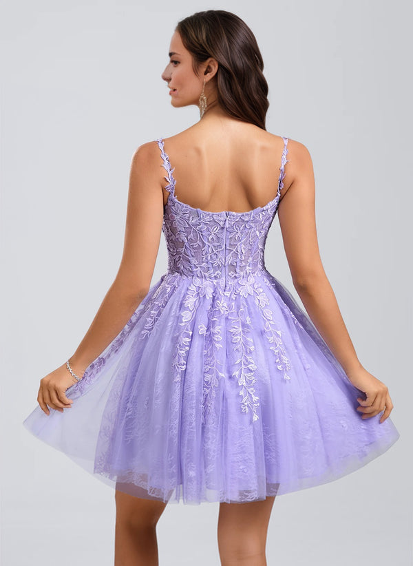 A-line V-Neck Short Tulle Lace Homecoming Dress