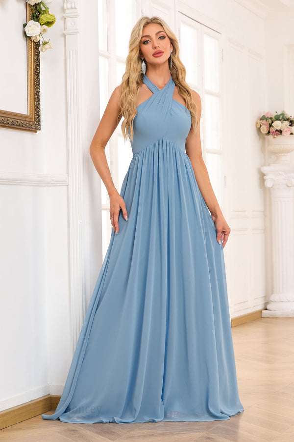 A-line Halter Floor-Length Chiffon Bridesmaid Dress With Ruffle